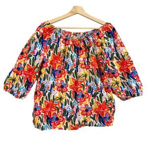 Hester & Orchard Linen Blend L Large Bright Floral Off Shoulder Top Artsy Blouse